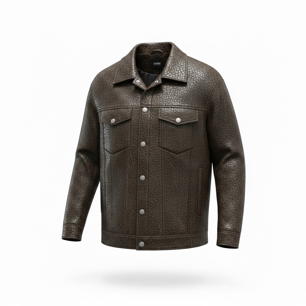 Pebbled Leather-Look Trucker Jacket – Espresso Brown