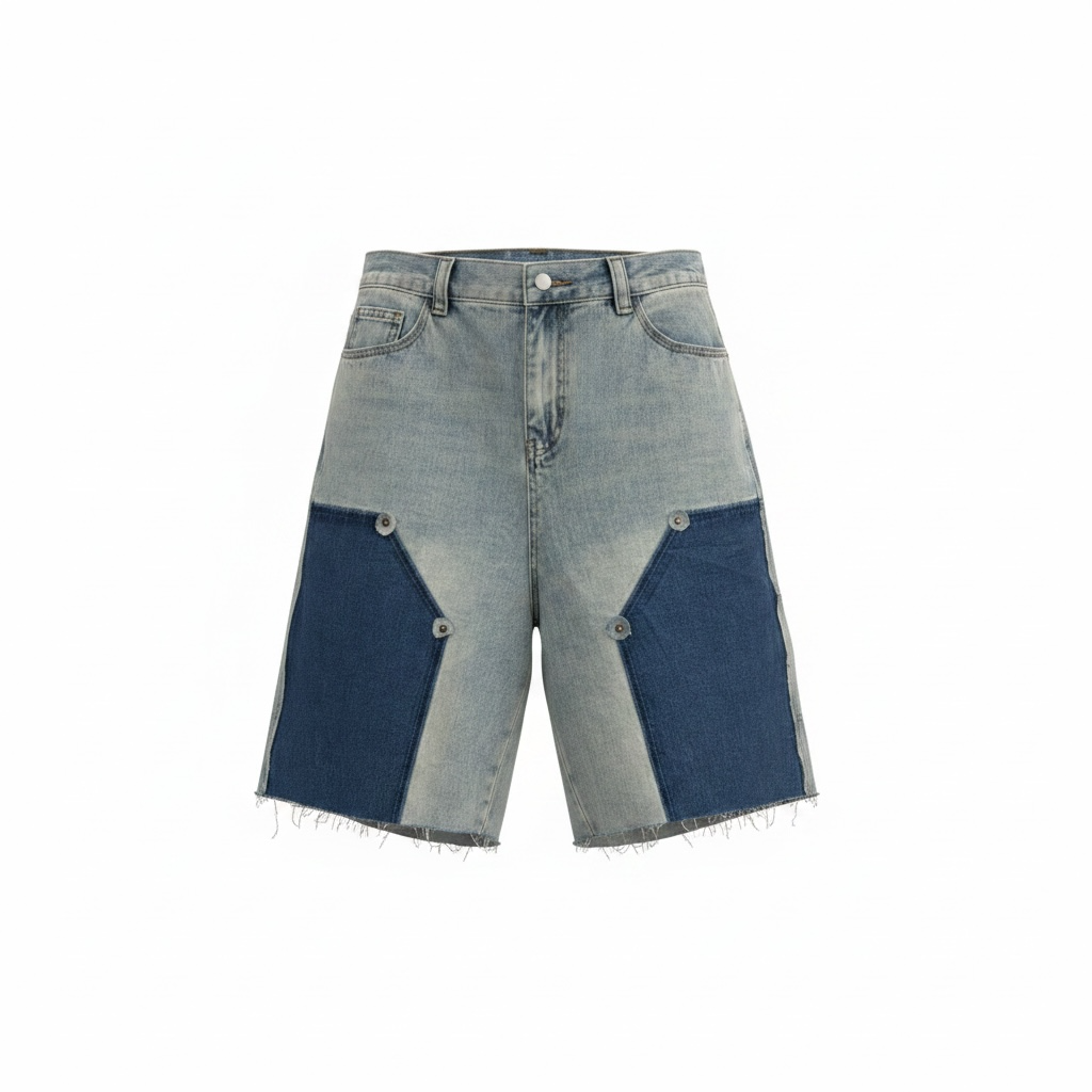 Contrast Panel Distressed Denim Short